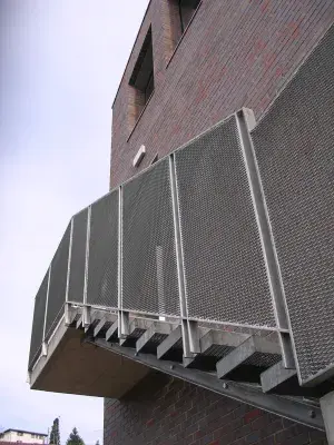 Expanded metal staircase seen from below